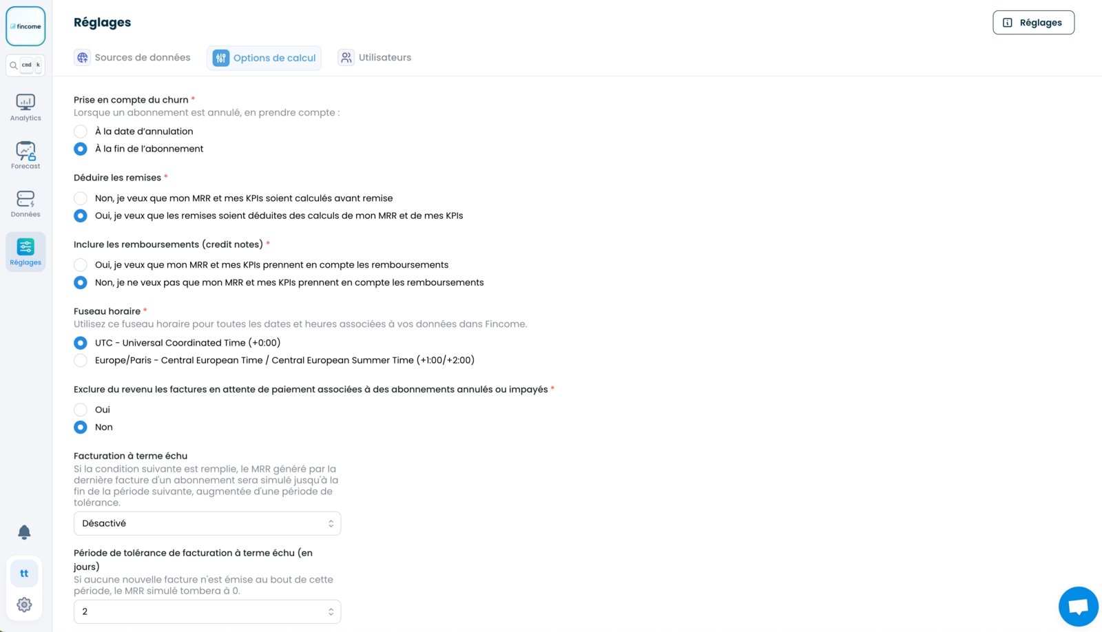 MRR, système de facturation, Stripe, Chargebee, Fincome, réglages calcul, désabonnements, remises, remboursements, factures échouées, factures en pause, facturation non-récurrente, TVA, taxes, statut client, nombre de clients