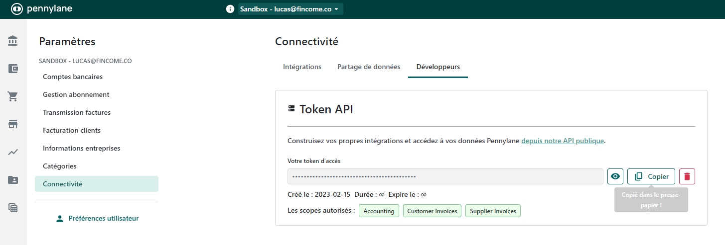 trouver clé API Pennylane, paramètres dans interface Pennylane, accéder menu Connectivité, ouvrir menu Développeurs, récupérer token d'accès, copier clé API, entrer clé API Fincome, MRR à partir de Pennylane, dates d'imputation factures, module d’Abonnements pour MRR, date d’émission comme début période, fréquence pour fin période, définir périodicité dans Plans, section Données, changer facture ponctuelle en récurrente.